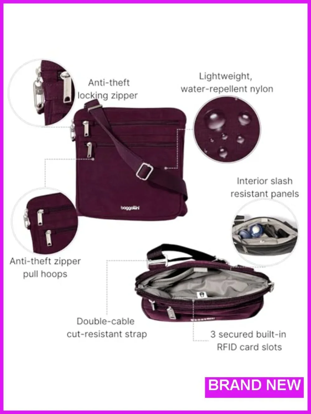 Large Anti-Theft Crossbody Bag RFID Blocking Cut-Resistant Strap